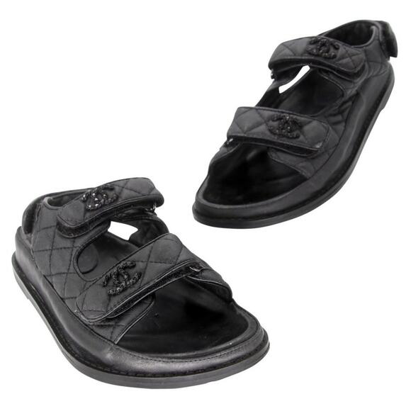 Chanel Crystal Dad 37 Quilted Leather Lambskin Flats Sandals CC-0519N-0182 - Picture 1 of 11